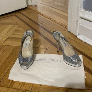 Silver glitter jimmy shoe open toe heels size 36/ 6